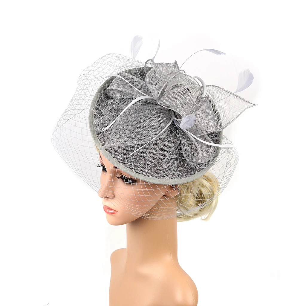 Elegant Women Ladies Sinamay Hat Feather Headband Clip Fascinator Veil Wedding Party Royal Ascot Hair Accessories