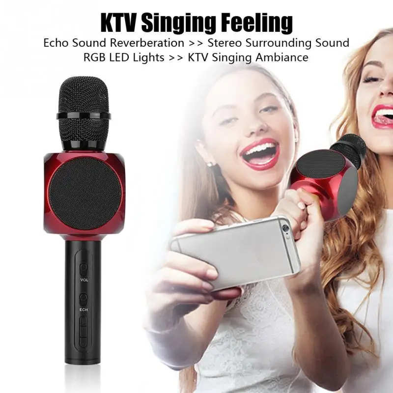 YS82 Bluetooth Karaoke Microphone Wireless Professional Player Speaker Built-in RGB light For Iphone 8 x Android | Электроника