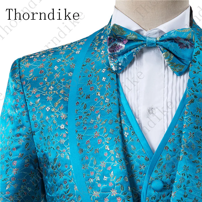 Thorndike мужские стильные блестящие синие цветочные 3 комплекта новейший дизайн мужские свадебные костюмы облегающие певцы одежда жаккард Traje Hombre