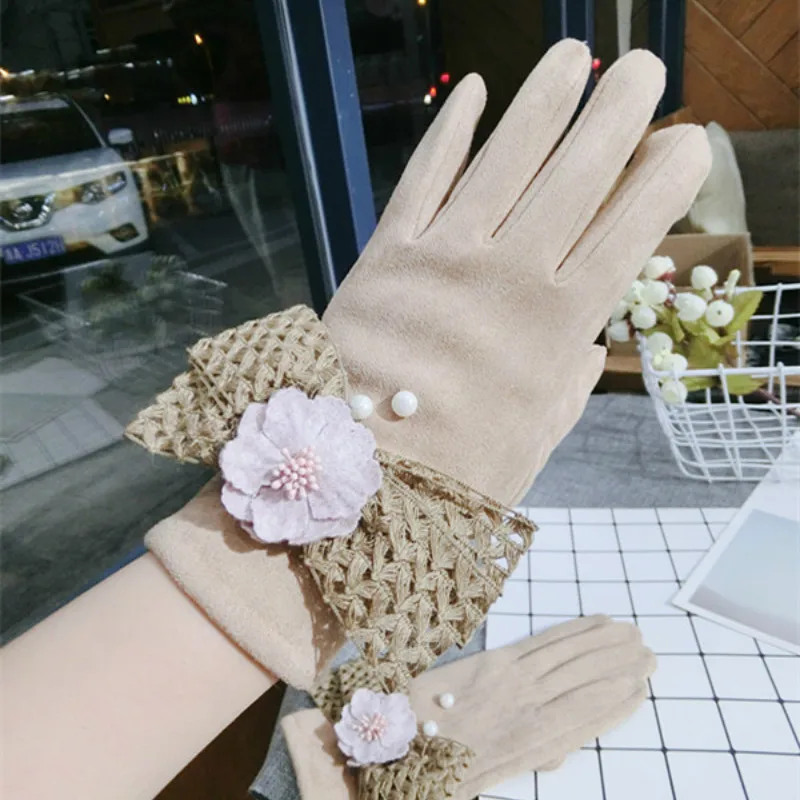 

New Korean touch screen gloves wool bow warm knitted women spring winter gloves khaki thick mittens