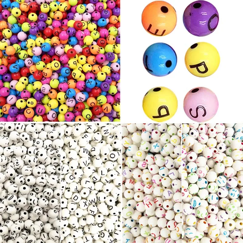 

LNRRABC About 100Pcs/Lot 8mm Multi-color Lovely Round Shape Chic Letter/Smile Bead DIY Fashion Jewelry Making Accessorise