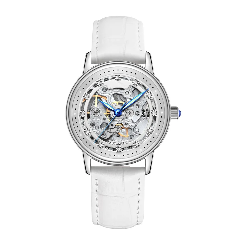 Роскошные модные женские наручные часы из натуральной кожи 30 м водонепроницаемые женские часы с сапфировым стеклом и циферблатом Женские Механические часы - Цвет: Silver White leather
