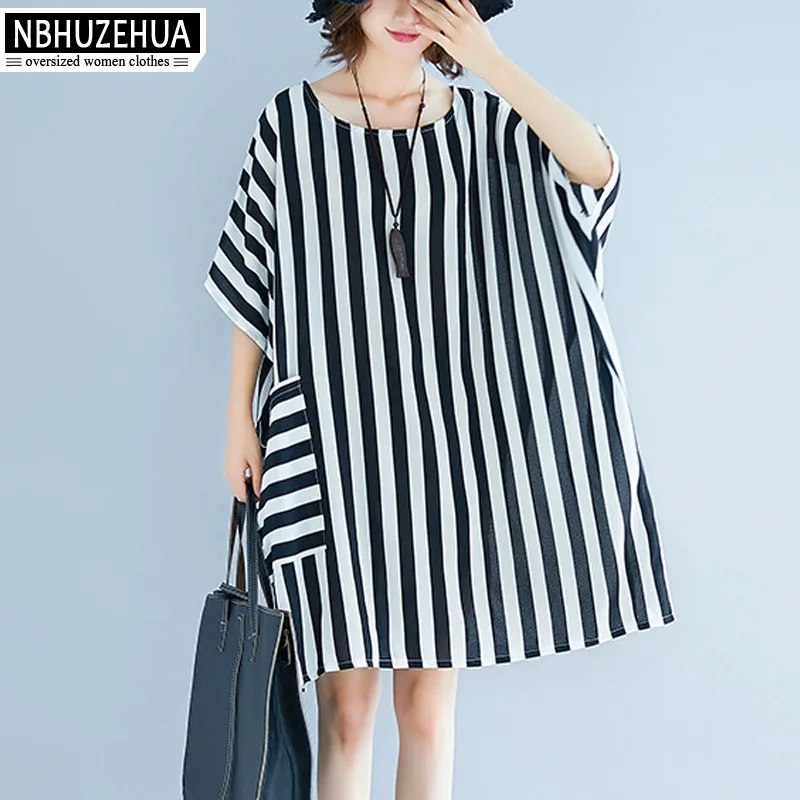 

NBHUZEHUA Women Summer Dress 2019 Large Size Casual Striped Tshirt Dress Batwing Sleeve Short Chiffon Dresses 5XL 6XL 19-D65