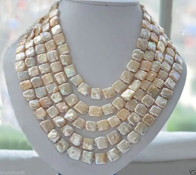 

RHJ0001 5 row Genuine 13mm square pink Freshwater cultured pearl necklace