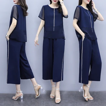 

Office Lady O-neck Two Piece Set Top And Pants Regular Chiffon Summer Costumes For Women Plus Size 5xl Two Piece Set Summer