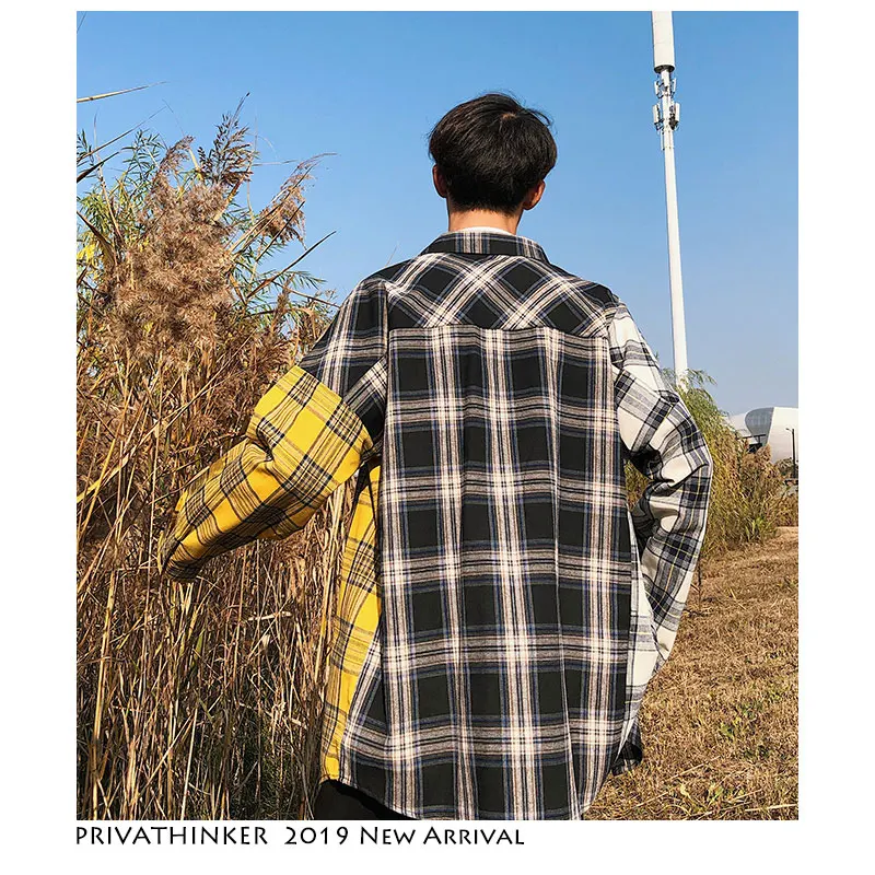  Privathinker Korean Plaid Shirts For Men 2019 Fashion Patchwork Long Sleeve Casual Shirt Hip Hop St