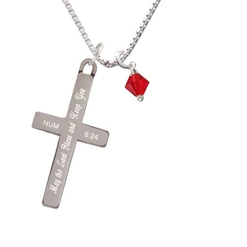 July - Red - 6mm Crystal Bicone - Bless and Keep You - Cross Necklace (1)