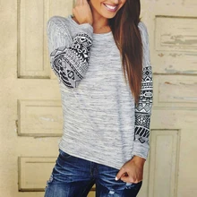 Хороший Демисезонный женская футболка с длинным рукавом и круглым вырезом геометрический принт хлопок футболки женские Повседневное свободные рубашки 7Q1743