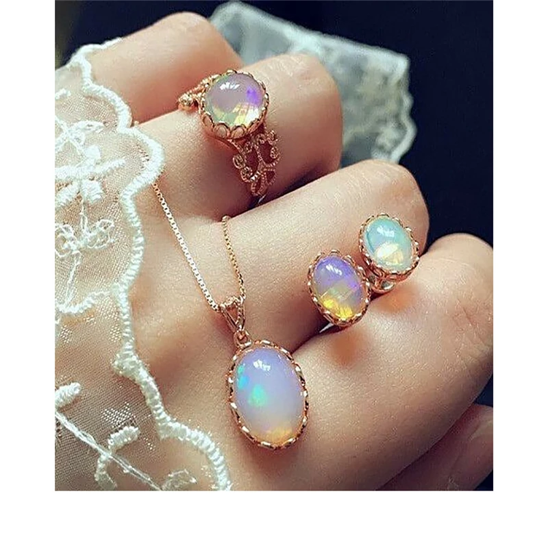 Elegant Luxury Design New Fashion Gold Filled Opal Pendant Necklace Stud Earrings Ring Jewelry Sets Women 3pcs Jewelry Sets