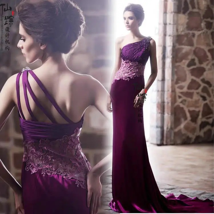 

free shipping Cheap robe de soiree 2014 new fashion sexy vestido de festa one shoulder appliques party gown evening Dresses