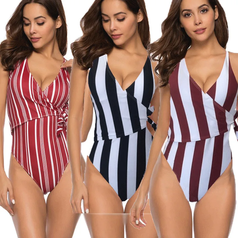 

Red Striped Bikini Women's One-piece Monokini Swimwear Summer Hot Swimsuit Bandage Bathing Suit New