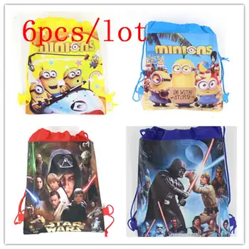 

Cartoon Minions Theme 6Pcs/Lot Drawstring Bags String Back Bags Star Wars School Backpack Kids Birthday Party Gift Bag Supply