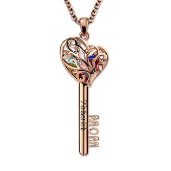

AILIN Customized MOM Heart Cage Key Pendant Necklace with Birthstones Rose Gold Color Family Tree Necklace Women Jewelry