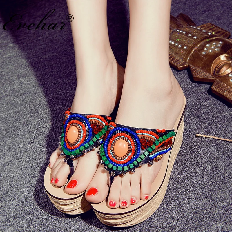 

New Chinese ethnic style High Heels string bead Wedges slippers genuine cow leather Flip Flops Woman Summer Casual Shoes 34-39