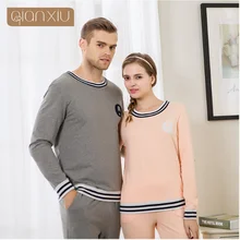 Осенние повседневные пижамные комплекты для пар женский хлопковый пижамный комплект Женский o-образный вырез воротник футболка с длинным рукавом+ брюки домашняя пижама