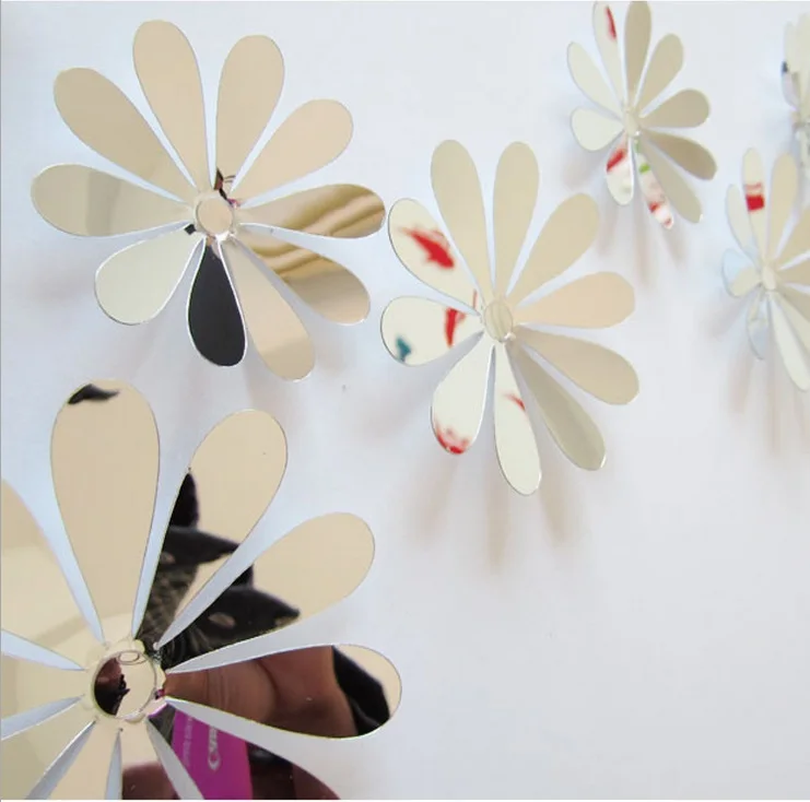 12Pcs Vinyl 3D Removable Decorative Silver Mirror Flowers Wall Sticker For Kids Room Christmas Art Decals Home Decor | Дом и сад