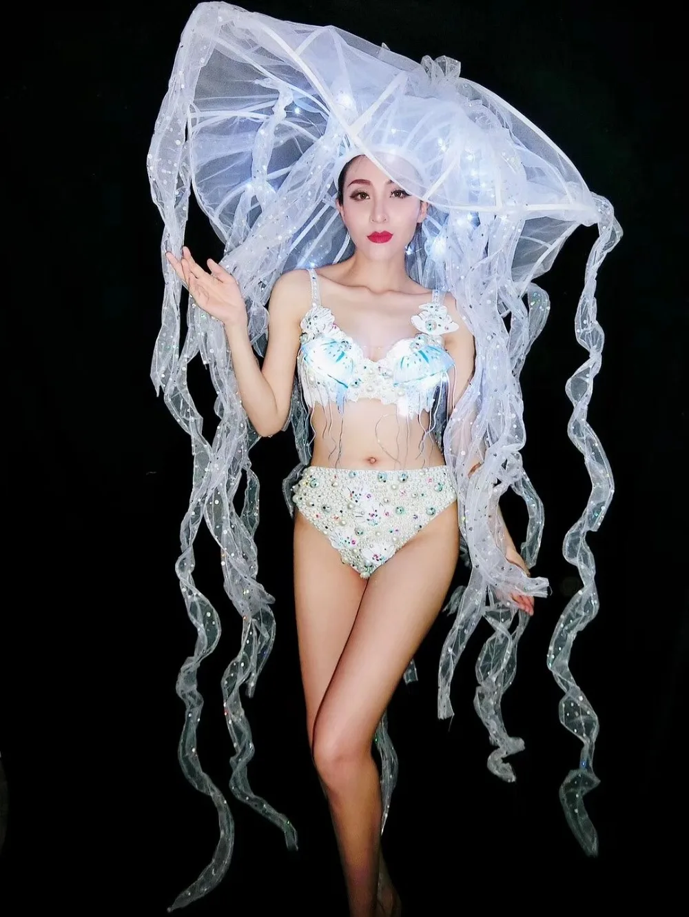 Сексуальное Белое жемчужное бикини женский костюм светодиодный бюстгальтер с кристаллами шляпа ночной клуб бар сценический наряд модель Подиум DJ представление танцевальная одежда