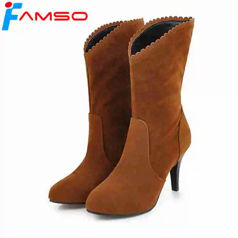 

FAMSO 2019 Big Size34-43 Women Boots Black red Mid-Calf Riding Boots Pointed Toe Ruffles Wedding Shoes Women's Western Boots