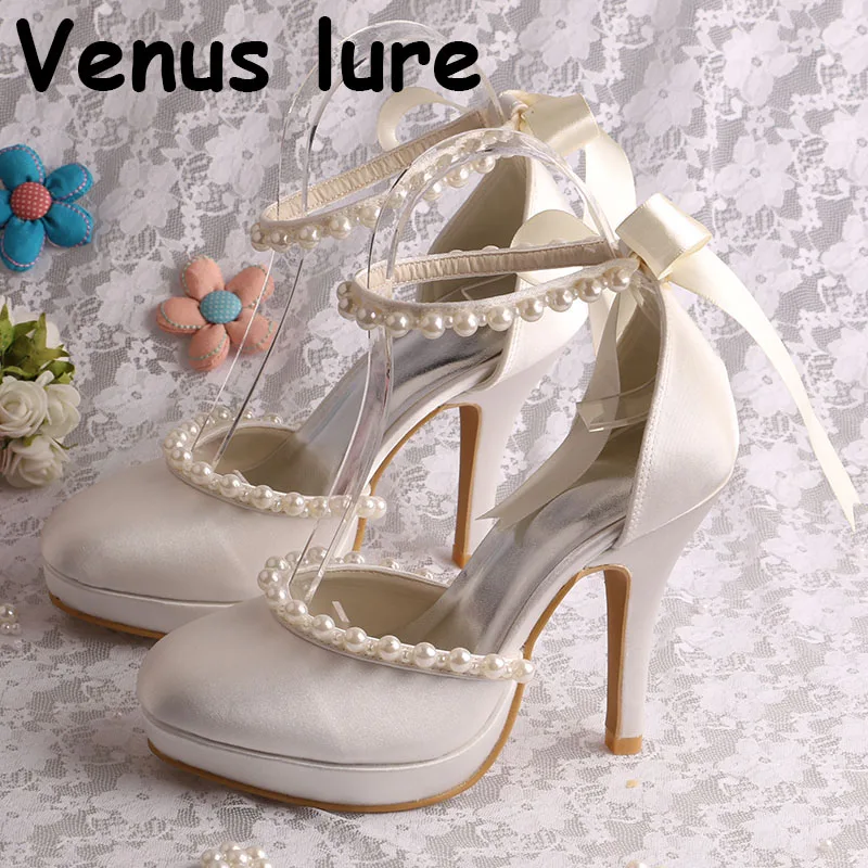 Ivory White Club Heel Shoes with Ankle Strap Pearl Wedding Shoes Bridal