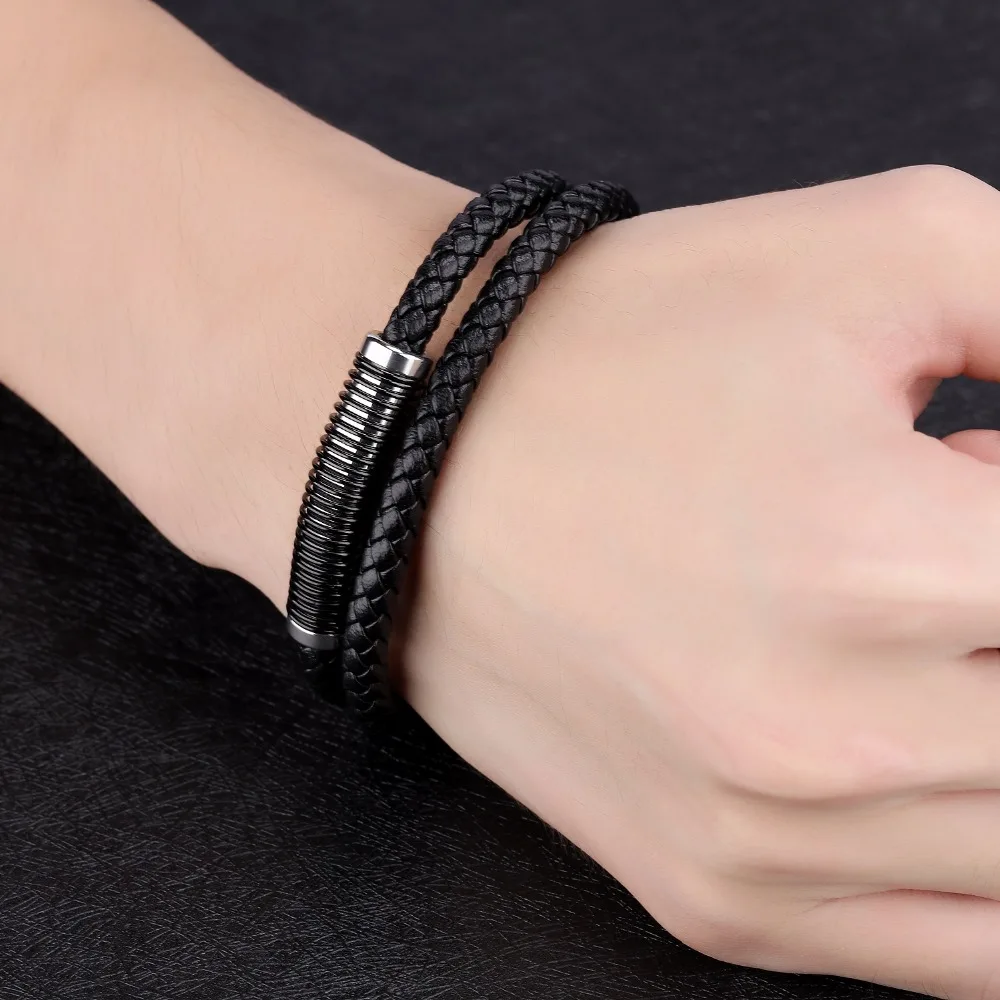 FATE LOVE Punk Male Men Black Leather Bracelet Bangle Wristlet Bracelete with Stainless Steel Charm Fashion Jewelry