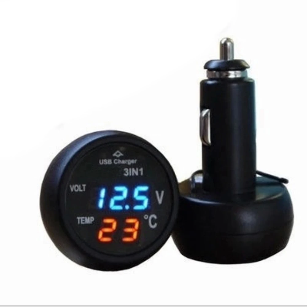 Car 3 in 1 Multifunction Car USB Charger Thermometer Voltmeter 1pc