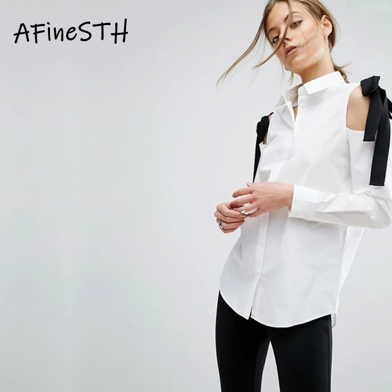 

AFineSTH Casual Lady Soild Color Turn-Down Collar Chiffon Shirt Bow REGULAR Shirt Full Sleeve 6XL Plus Strapless Shoulder Blouse