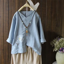 4 цвета китайский Ретро цветочный принт женские футболки три четверти рукав хлопок лен футболка Удобная Весенняя женская одежда