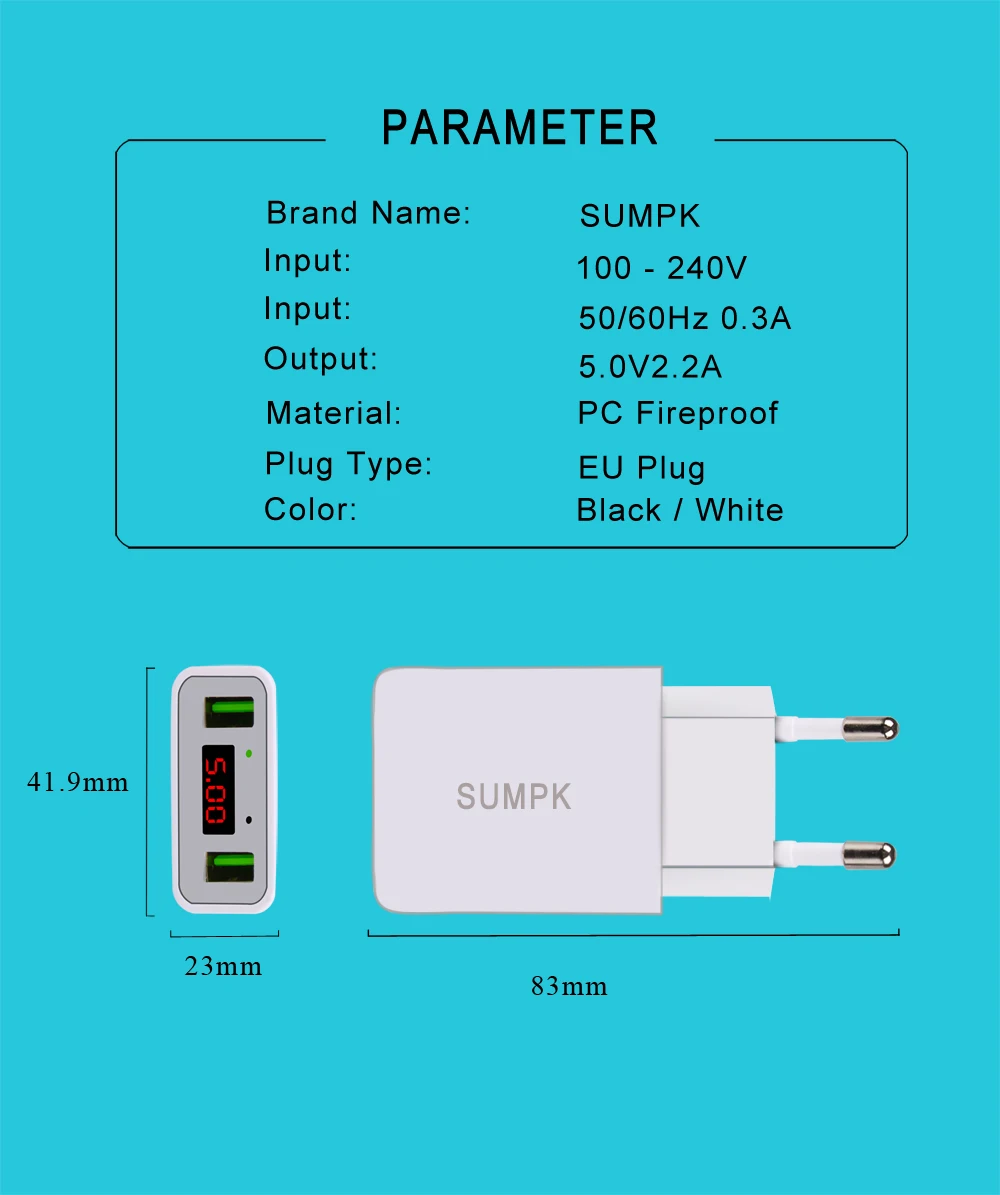 SUMPK Dual USB дорожное зарядное устройство 5V2. 2A светодиодный дисплей Смарт Быстрая зарядка мобильное зарядное устройство для iPhone iPad samsung