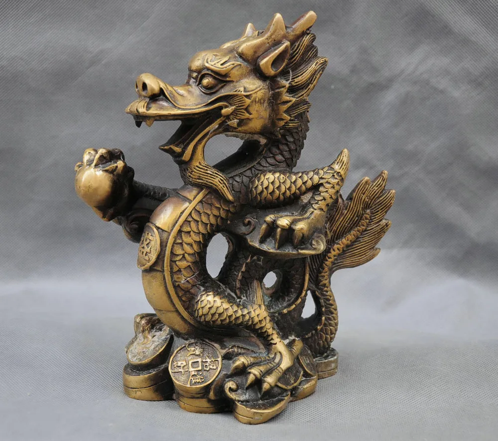 

9'' China Fengshui Zodiac Year Dragon Carve Word Bronze Statue