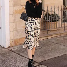 NEW Silk Satin Daisy Floral Print Midi Skirts The Naomi- easy 90's slip skirt 3/4 length elastic waistband Hot Sale
