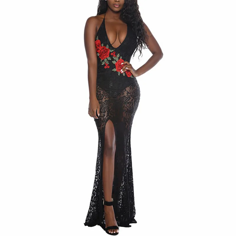 

New Women Perspective Lace Maxi Dresses 2018 Summer Ladies V-neck Sleeveless Dress Female Casual Party Evening Flower Long Dress