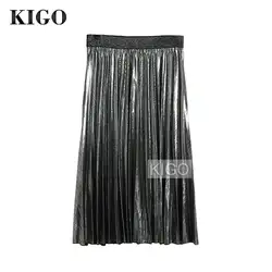 KIGO модная женская Серебристая плиссированная юбка металлик плиссированная юбка элегантная Высокая талия до колена миди Женская винтажная