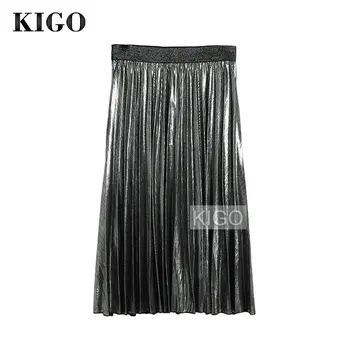 

KIGO Fashion Woman Silver Pleated Skirt Metallic Pleated Skirt Elegant High Waist Knee-Length Midi Women Vintage Skirt KJ1786H