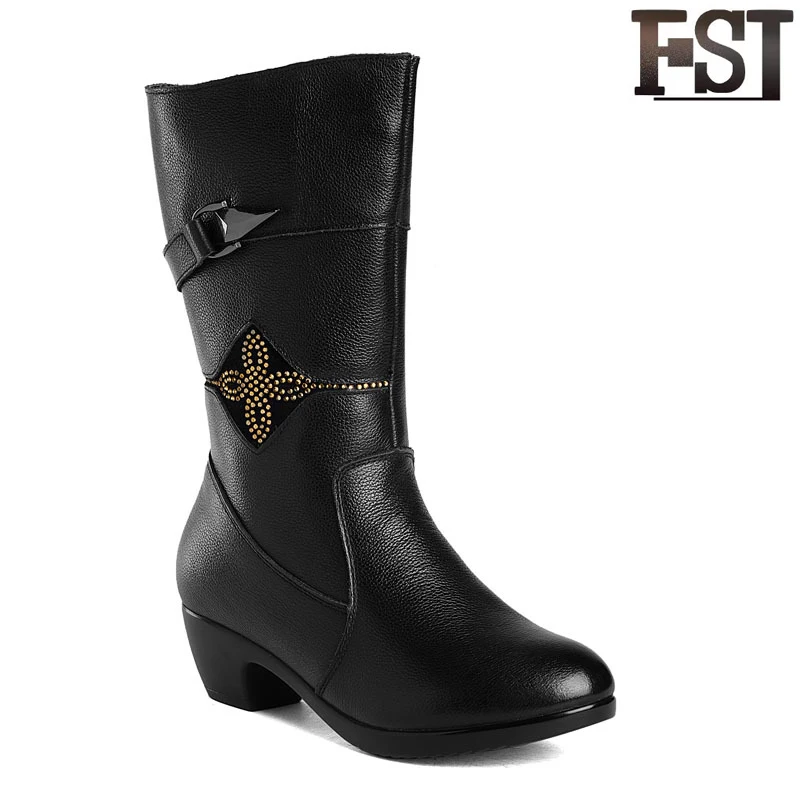 

FSJ Genuine Leather Ladies Winter Boots Women Cow Leather Solid Crystal Fashion Elegant Mature Short Plush 2019 Chunky Heels