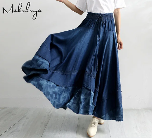 Женские Ретро винтажные новые модные хлопковые джинсовые универсальные Свободные повседневные с эластичной талией длинные плиссированные юбки с высокой талией осень весна