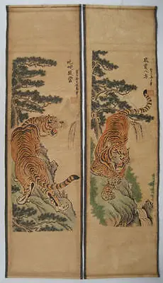 Chinese painting scroll Tiger Jiang Tingxi 4 tigers Antique paintingses