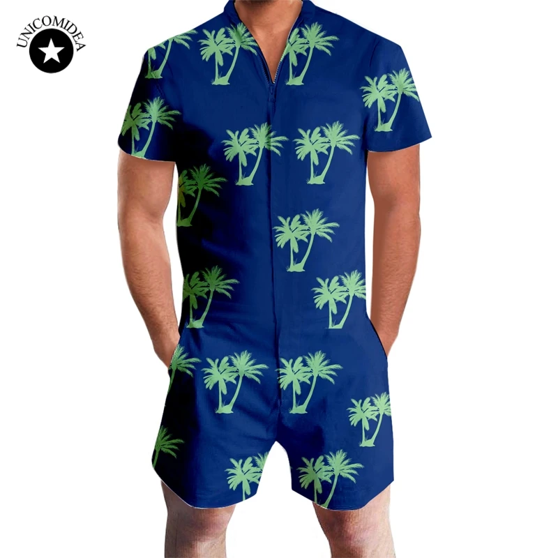 

Summer Men Boyfriend Jumpsuit Short Sleeve Rompers Blue Cargo Pants Fashion Outfits Casual Hawaiian Beachwear Overalls One Piece