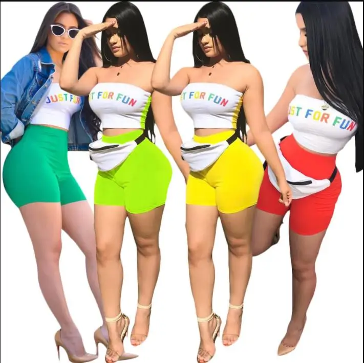 

Letters Print Two Pieces Set Sexy Off Shoulder Wrap Chest Elastic Skinny Mini Tight Shorts Suit 2 Piece Outfits For Women