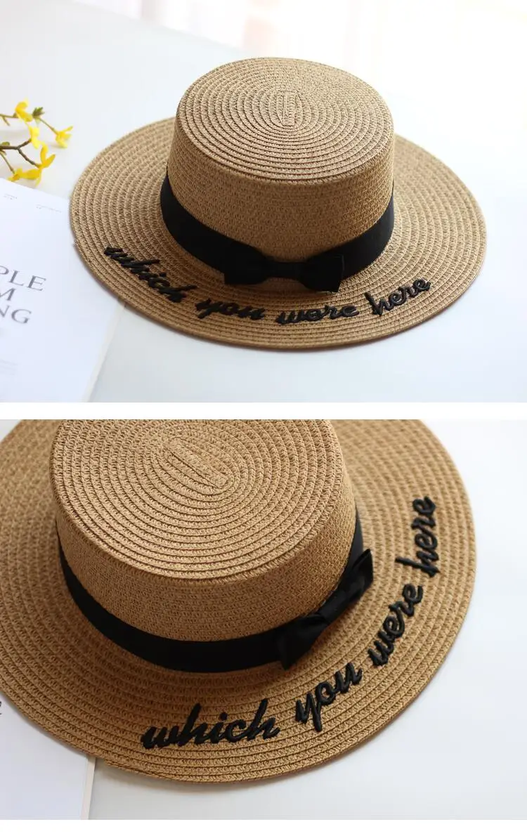 Лето г. Вышивка письмо шляпа канотье ленты Круглый лук плоские топ соломенная шляпа с широкими полями Для женщин Fedora панама
