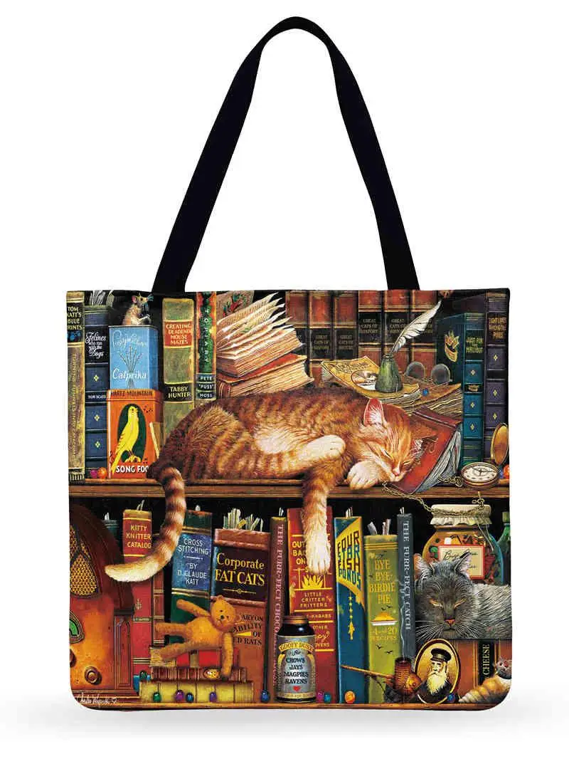 Женская сумка-тоут в стиле ретро с принтом масляной живописи, льняные многоразовые сумки для покупок с милым котом, сумки через плечо для дам - Цвет: 4