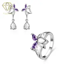 Wedding Band Set Romantic Silver Plated Cute Butterfly Inlaid Blue/Purple/White Crystal Rings&Earrings Fashion Jewellery Sets