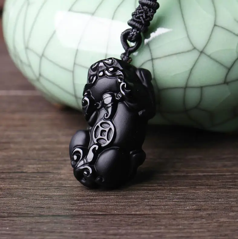 

Pi Yao natural obsidian stone amulet handmade pendants