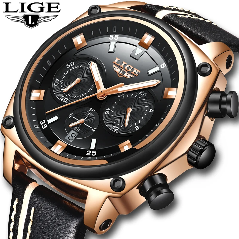 

Relogio Masculino Mens Watches Top Brand Luxury LIGE Mens Waterproof Military Sport Watch Men Casual Leather Quartz Gold Watch