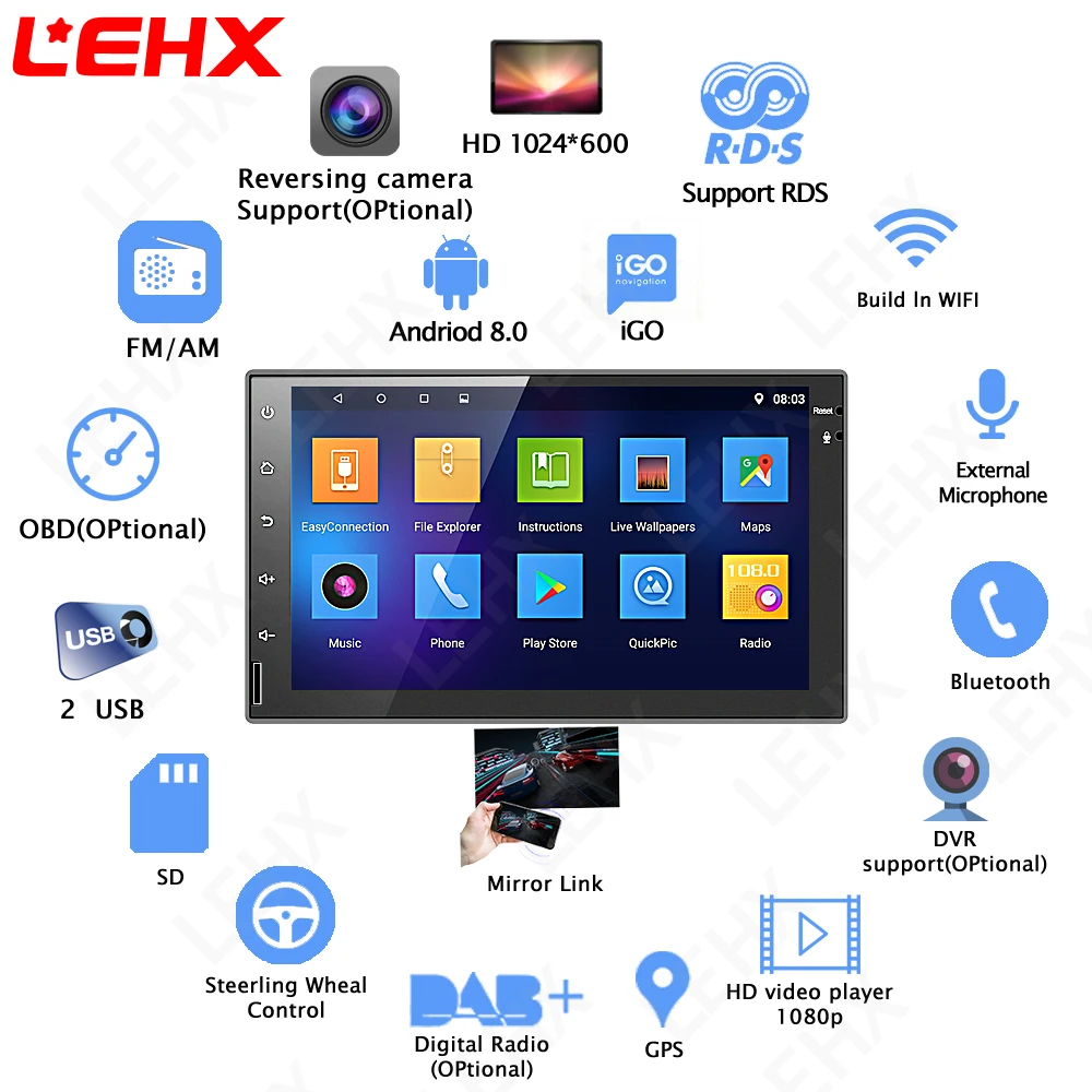 Lehx 2 din car Android 8,0 gps навигации Bluetooth для Nissan VW Toyota peugeot WiFi мульти-медиа-7 дюймов Автомобильный Радио плеер RDS