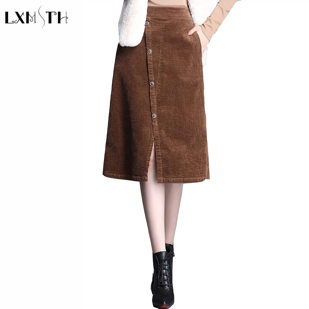 

LXMSTH 3XL 4XL Plus Size Cordurory Skirt Women Elastic Waist Single Breasted Casual A-line Skirt Midi faldas mujer moda 2019