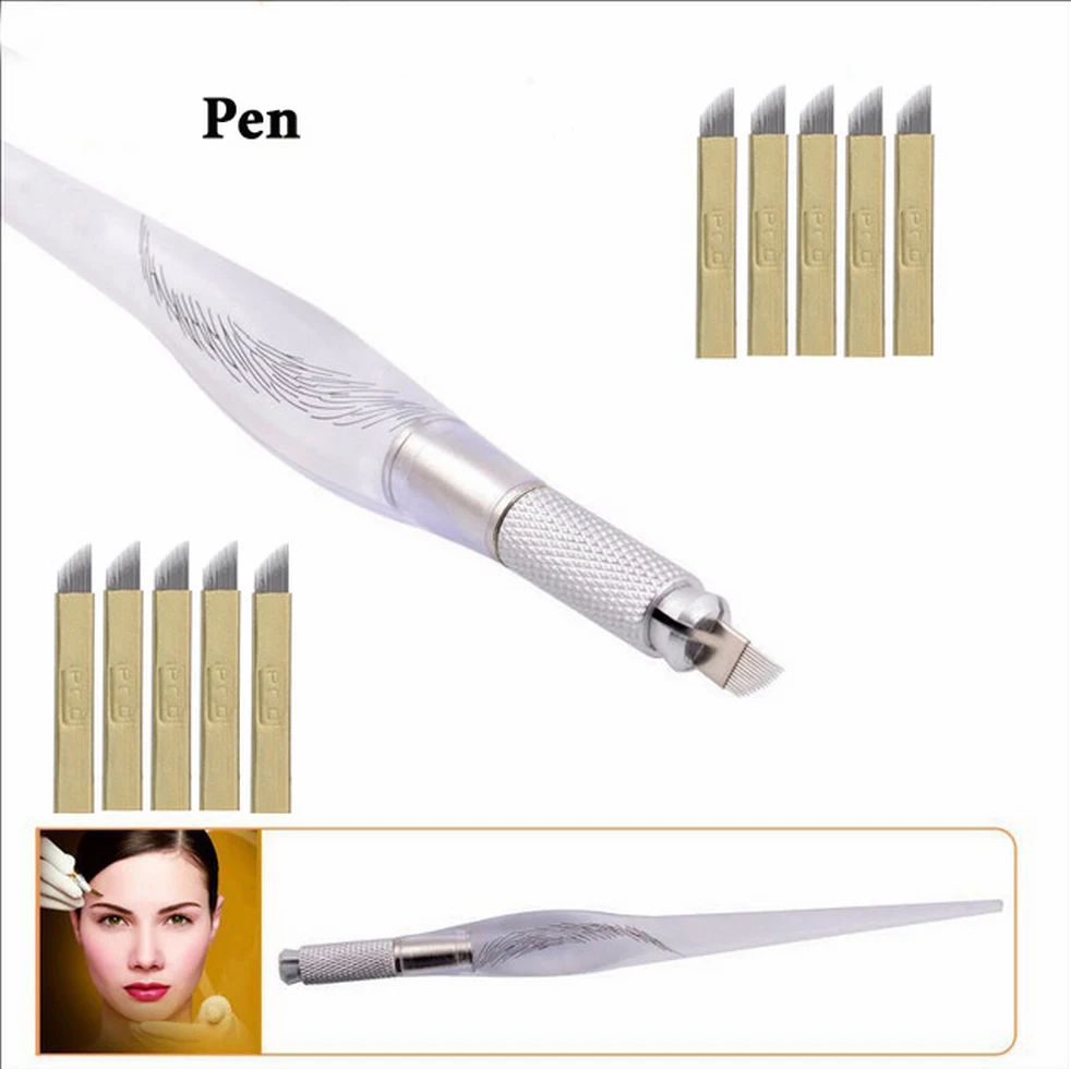 Caneta com Lâmina Rosa Descartáveis Microblading Agulha 12 9 Pin - 18u Microlading Manual Caneta Microblade Ferramenta Pcs 10 5 Lâmina Agulha 12 9 pin pin 18U