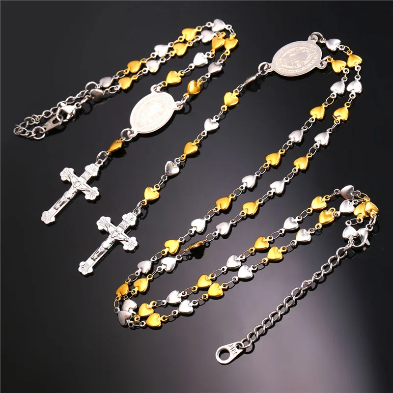 

Collare Rosary Chain Jewelry Sets Heart Cross Stainless Steel Gold Color Saint Benedict Medal Bracelet Necklace Sets Women S222