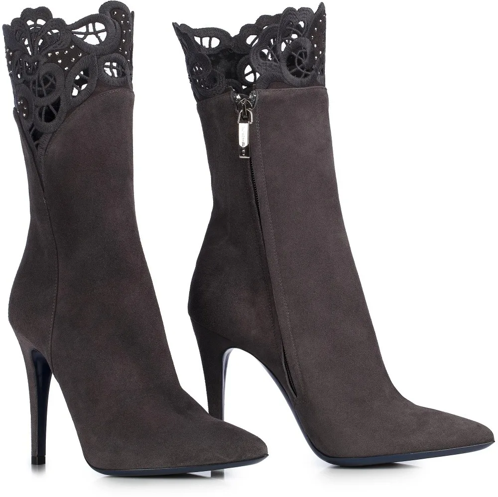 New Born Luxury Suede Boots Gray Colors With Cut Out Flower Pumps Crystal font b Party