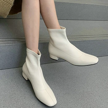 

EshtonShero Women Ankle Boots Shoes Woman Square Low Heels Fashion Slip On Platform Autumn Ladies Motorcycle Sock Boots Size 3-8