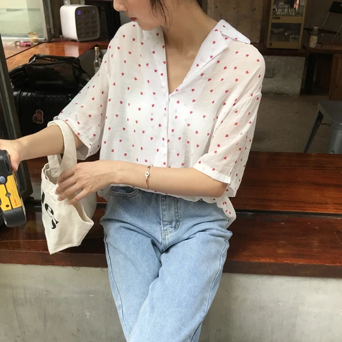 

Simple Red Polka Dot Summer Turn Down Collar Regular Loose All Amtch Short Sleeve Thin Female Sexy V-neck Shirts